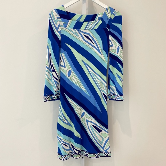 EMILIO PUCCI BLUE MULTI SQUARE NECK BELL SLEEVE DRESS SIZE IT 38 / US 4 - Picture 3 of 16